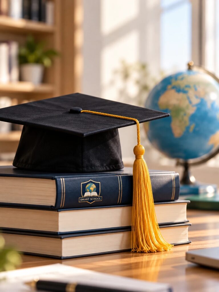 Выпускная шапочка на книгах с эмблемой Smart School