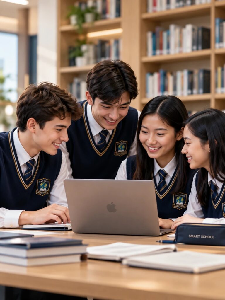 Учащиеся Smart School вместе работают за ноутбуком в библиотеке