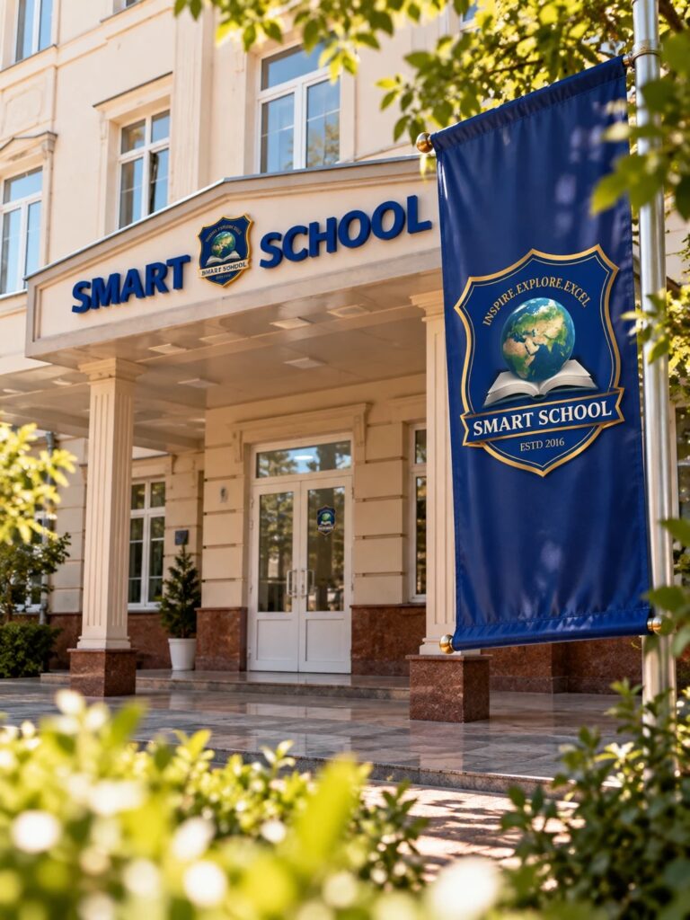Вход в здание Smart School с вывеской и флагом с гербом школы